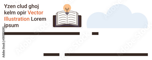 Education, creativity, innovation, reading, knowledge sharing, publishing. Open book with glowing light bulb and cloud shape. Education and creativity ideas by book and bulb icon