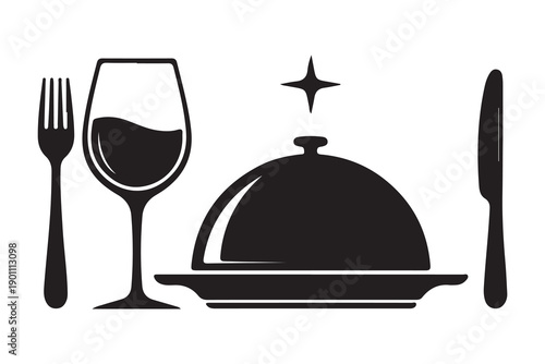 Knife and Fork Silhouette Icon with Serving Tray and Wine Glass
