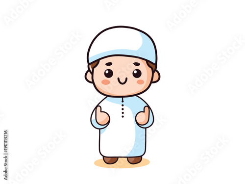 Happy Cartoon Muslim Boy Expressing Approval with Thumbs Up Gesture
