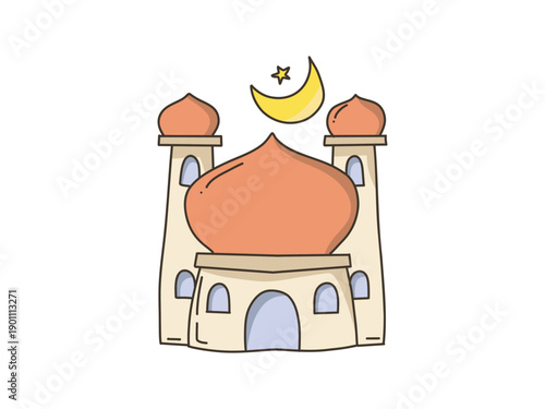 Islamic mosque with crescent moon and star illustration