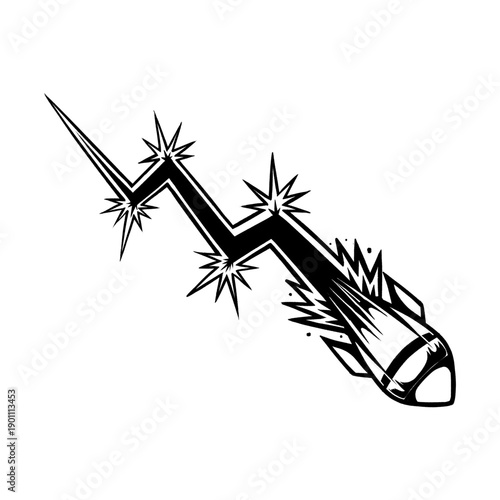 Bearish stock market rocket line art. Hand drawn doodle illustration of a rocket crashing down with lightning for crypto trading loss and financial market decline concept.