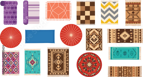 Decorative rug and carpet pattern collection with colorful geometric bohemian designs for home interior textile illustration