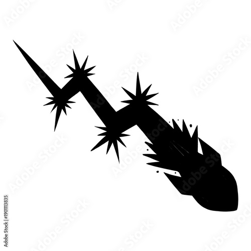 Black silhouette of a bearish rocket with lightning. Minimalist hand drawn icon for financial market crash, cryptocurrency decline, and stock trading loss concept.