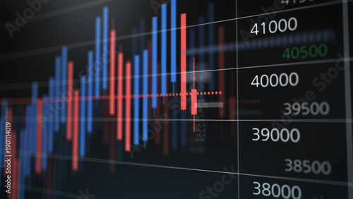 Close-up financial trading chart with red and blue candlesticks, showing market volatility, price movement, investment risk, and real-time stock exchange analysis.