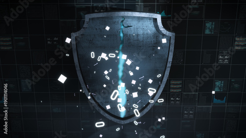 Futuristic cybersecurity shield cracking under digital attack, with glowing data fragments and code symbols, representing data breach, hacking threats and network security failure.