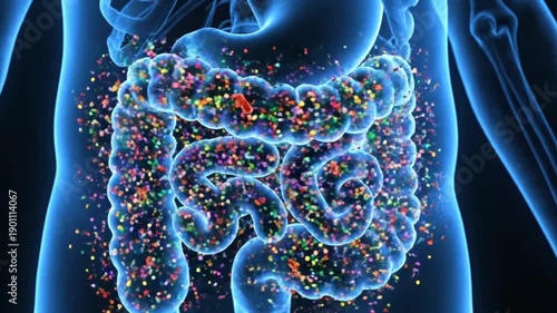 Glowing human digestive system with vibrant colorful gut bacteria