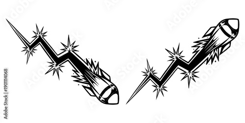 Bullish and bearish rocket line art set. Hand drawn doodle icons for stock market analysis, crypto trading trends, and financial investment education.