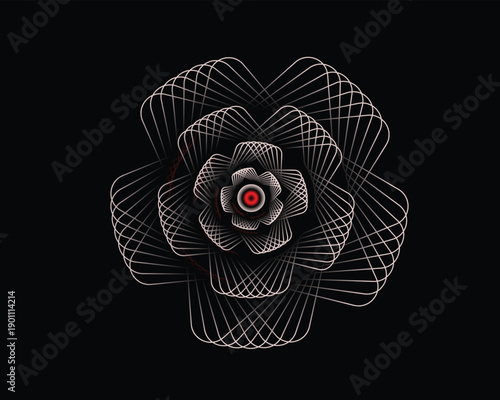 Abstract White Neon Geometric Flower with Red Core on Black Background, Futuristic Spirograph Line Art, Symmetrical Digital Pattern, Modern Tech Design