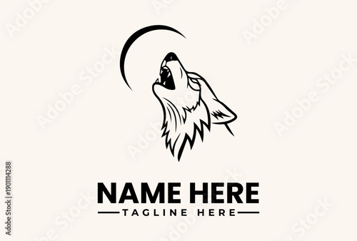 A black and white vector illustration of a wolf howling at the moon with a logo and text placeholder on a clean background.