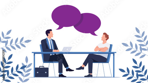 job interview conversation between man and woman at office desk recruitment hiring communication concept with speech bubbles flat vector illustration