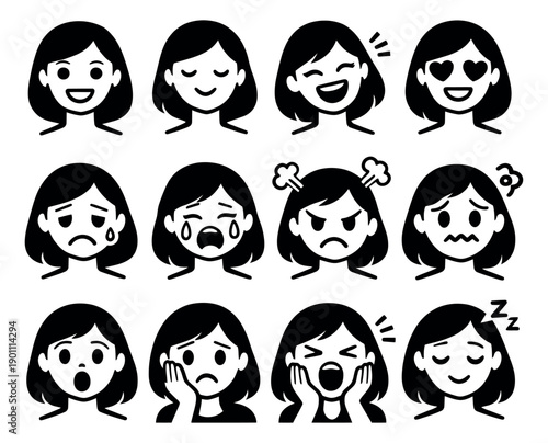 Simple line art female emotion faces set featuring diverse expressions for communication and user interface design