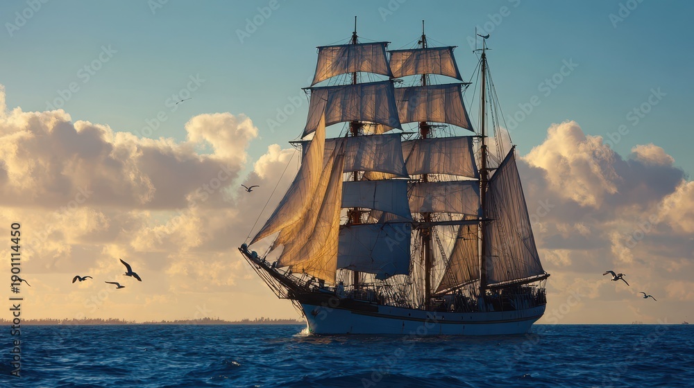 Fototapeta premium Silhouette of a classic sailing vessel on the open sea beneath a sunlit sky