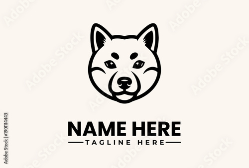 A minimalist vector illustration of a Shiba Inu dog's head logo with placeholder text on a beige background, featuring a simple line art style and a clean design.