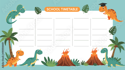 Fun school timetable template for children, adorned with a playful border of cartoon dinosaurs, erupting volcanoes, and lush palm trees.