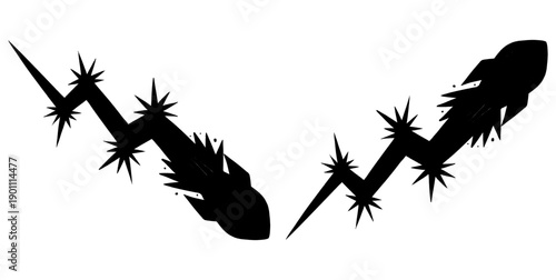 Minimalist bullish and bearish rocket silhouette set. Black hand drawn icons for financial market trends, stock trading, and cryptocurrency investment concept.