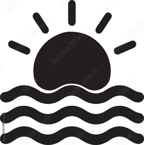 Sunrise over water icon sun and ocean waves silhouette vector illustration