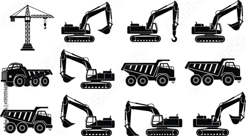 Black silhouette construction vehicle set featuring heavy machinery icons like excavators dump trucks and industrial cranes for building site engineering design