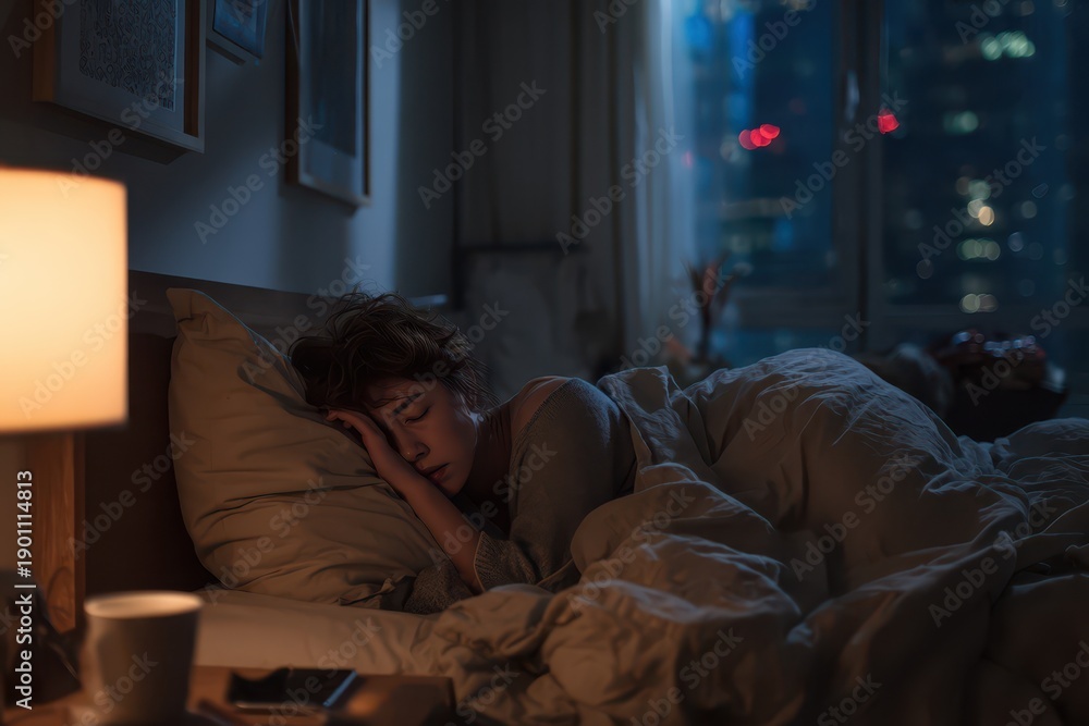 Naklejka premium Sleepless night: tired woman in a dim bedroom covers ears with a pillow, overwhelmed by late-night noise
