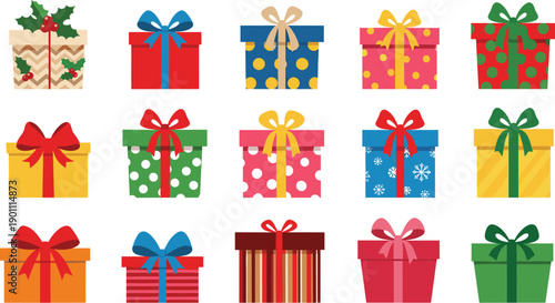 Colorful gift box collection illustration with ribbons bows and festive wrapping designs for birthday holiday celebration concept
