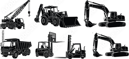 Black Construction Vehicles Vector Set Including Excavator Crane Dump Truck Backhoe Forklift Silhouettes Isolated on White Background for Industrial Design Projects