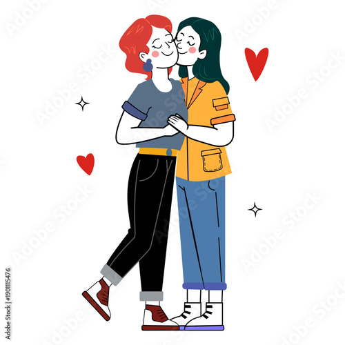 Flat Vector Illustration of a Romantic Lesbian Couple Hugging
