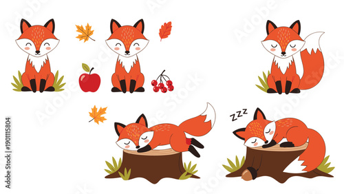 Charming set of five cartoon fox characters in various playful and sleeping poses, accompanied by autumn leaves, apples, and berries.
