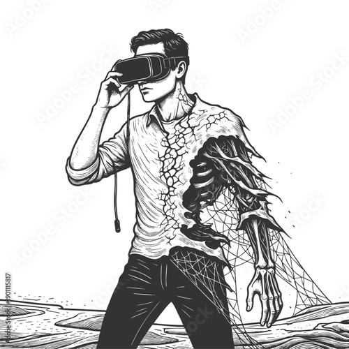 man wearing VR goggles, with half his body transforming into a digital skeleton structure sketch engraving generative ai vector illustration. Scratch board imitation. Black and white image.