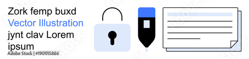 Data security, digital authentication, record management, e-signatures, information privacy, paperwork. Lock, pen and document icons arranged together. Data security and digital authentication