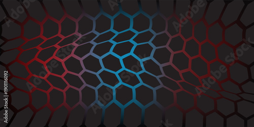 Abstract dark hexagon pattern on red neon background technology style. Modern futuristic geometric shape web banner design. You can use for cover template, poster, flyer, print ad. Vector illustration