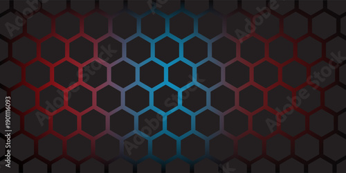 Abstract dark hexagon pattern on red neon background technology style. Modern futuristic geometric shape web banner design. You can use for cover template, poster, flyer, print ad. Vector illustration