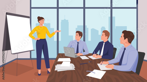 business presentation meeting with team discussion office boardroom strategy planning corporate teamwork leadership concept flat vector illustration