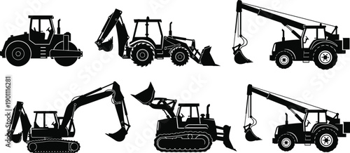 Black silhouette construction machinery icons set including excavator backhoe loader steam roller and heavy industrial equipment for building site engineering projects.
