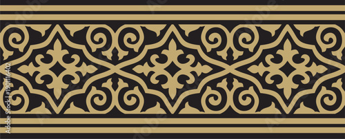 Kazakh national endless gold and black ornament. Ethnic pattern. Border reflecting nomadic culture. Suitable for design and textiles.