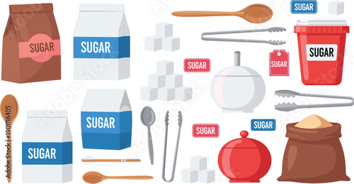 Sugar packaging and kitchen utensil illustration set featuring cubes bags jars spoons and containers for baking concept