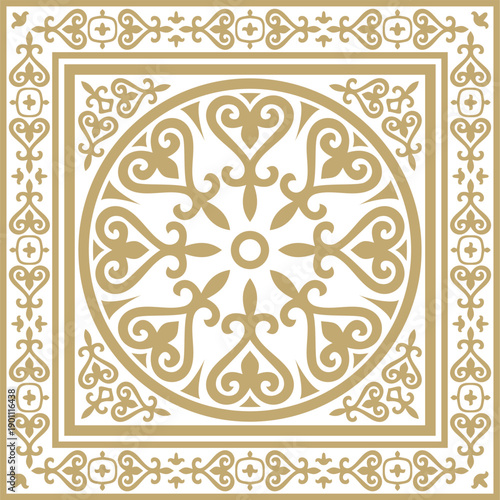 Kazakh national square gold frame ornament. Ethnic pattern. Rectangle reflecting nomadic culture. Suitable for design and textiles.