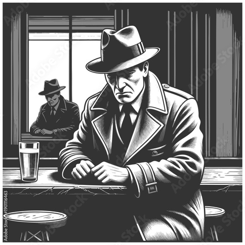 solitary man in a fedora sitting at a bar, with a mysterious figure silhouetted in the window sketch engraving generative ai vector illustration. Scratch board imitation. Black and white image.
