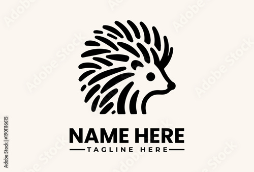 Black and white vector illustration of a hedgehog logo with a tagline on a beige background, featuring a stylized animal face with quills and a placeholder text for a company name and