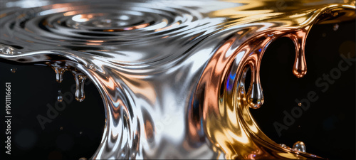 A vector composition with liquid metal flow effects, pulsating with shimmering reflections on a glossy surface.