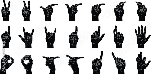 Black silhouette hand gesture icon set showing pointing counting sign language and communication symbols in flat illustration style