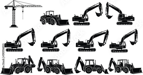 Black Silhouette Construction Machinery Set with Excavators Backhoes Front Loaders and Industrial Tower Crane Icons for Civil Engineering Design Projects