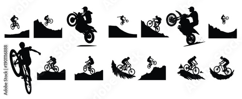Black silhouettes of cyclists performing stunts on bicycles and motorcycles