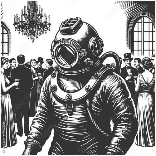 deep-sea diver awkwardly placed in a formal ballroom party, symbolizing social anxiety sketch engraving generative ai fictional character vector illustration. Scratch board imitation. Black and white.