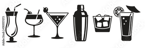  cocktail icons set black on a white background