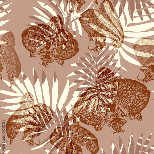 Light tropical seamless pattern with leaves and orchid flowers in monochrome brown beige tones. Floral botanical illustration for bedding, home textile, package, fabric. Rapport illustration.