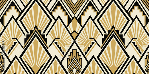 An Art Deco pattern featuring geometric shapes and symmetrical designs in gold and black on a cream background from a close-up viewpoint