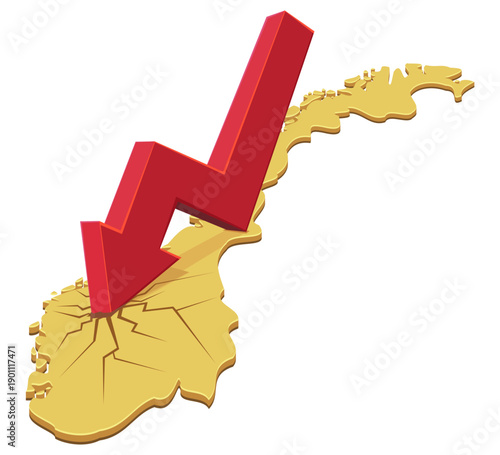 3D yellow map of Norway with a downward red arrow and cracks, symbolizing wealth loss, economic depression, and the burst of a financial bubble, isolated (cut out)
