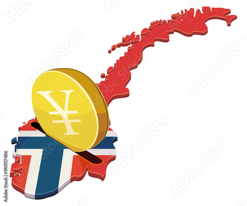 3D map of Norway as a piggy bank with a gold Yen or Yuan coin, representing Asian trade relations, financial savings, and global investment, isolated (cut out)