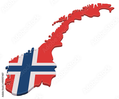 3D map of Norway featuring the national flag design, symbolizing Nordic culture, patriotism and European travel destination (cut out)
