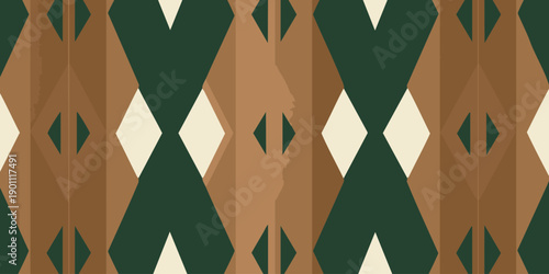 Geometric pattern featuring diamond shapes in green, brown, and beige hues arranged symmetrically.