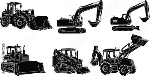 Black Silhouette Set of Construction Machinery Including Excavator Bulldozer Wheel Loader Backhoe and Skid Steer Isolated on White Background Vector